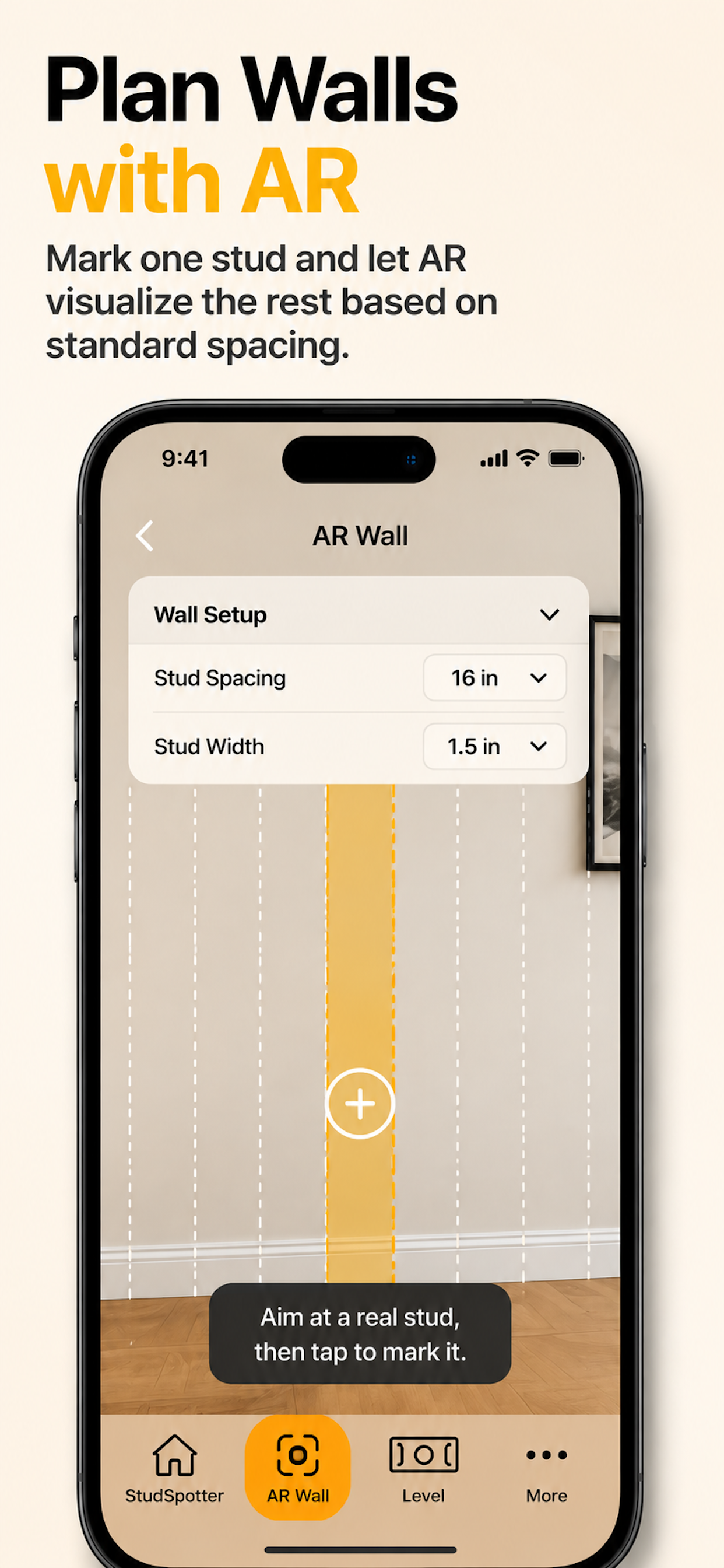 StudSpotter AR wall mode showing stud spacing for wall planning