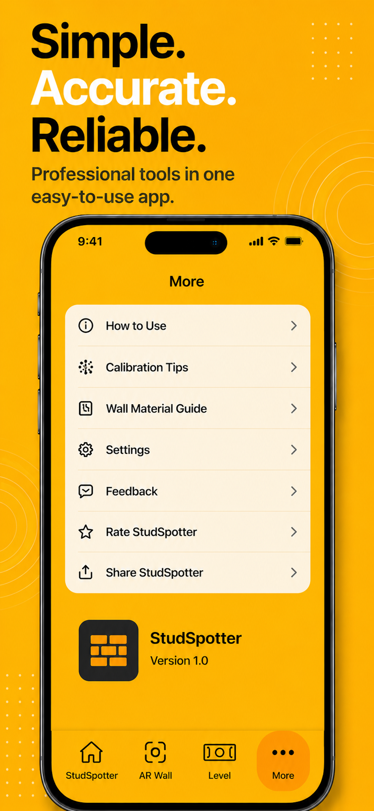 StudSpotter calibration tips and wall material guide screen