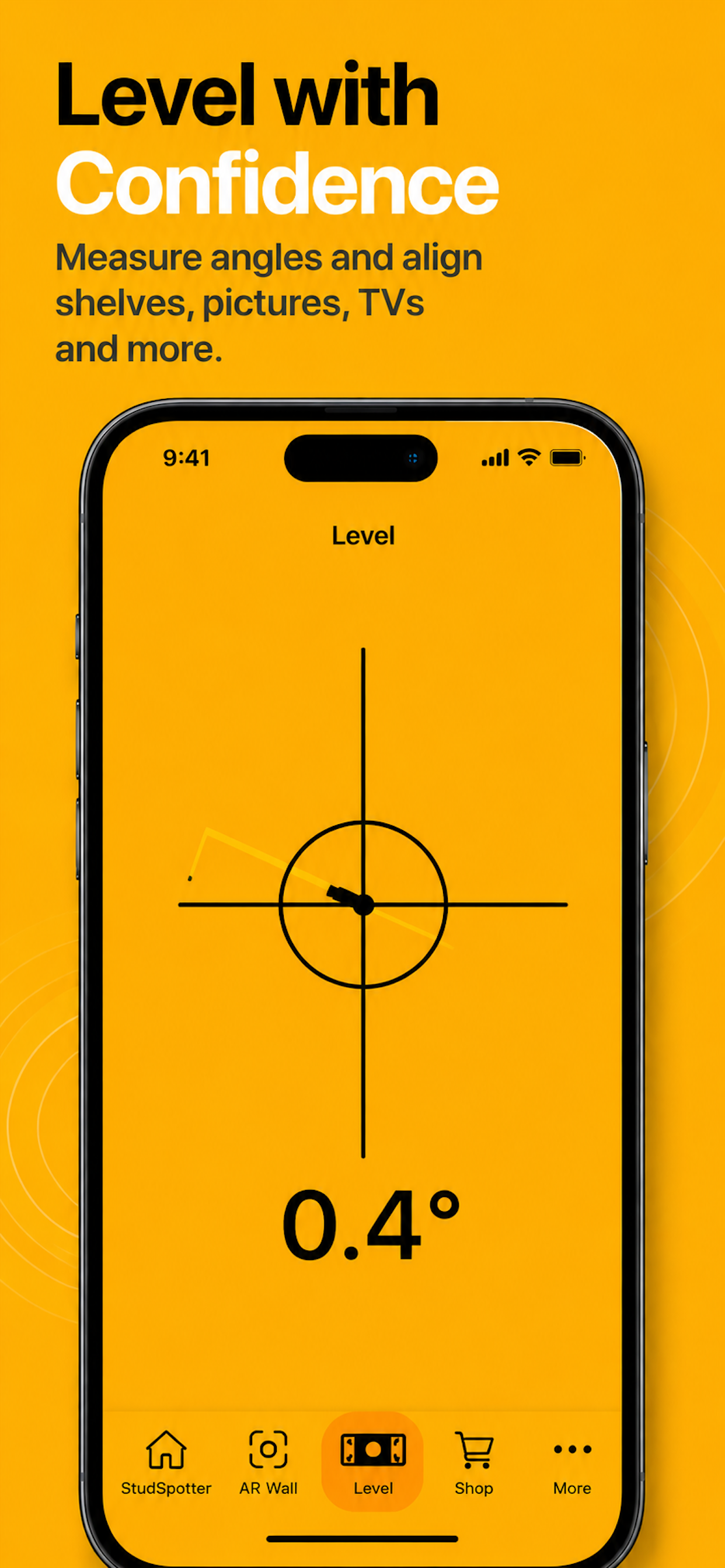 StudSpotter precision level and angle measurement screen