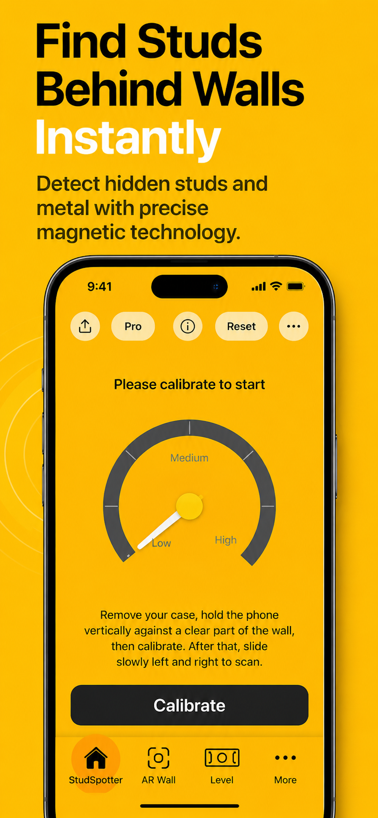 StudSpotter iPhone app showing a magnetic stud finder gauge for wall stud detection